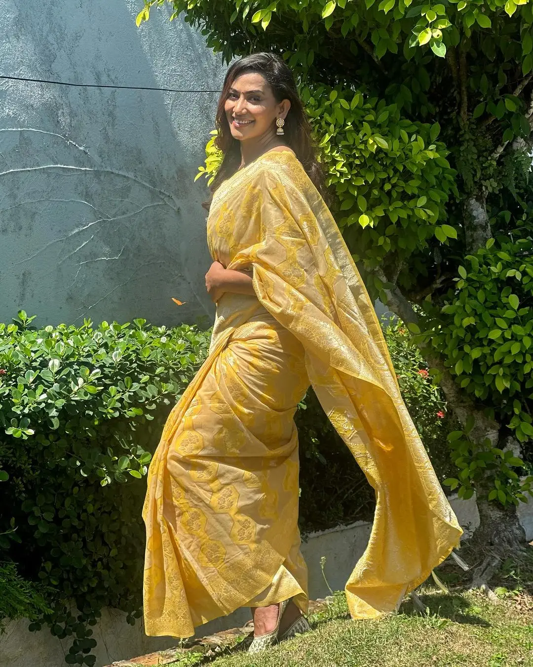 Indian Actress Sanjana Singh in Traditional Yellow Color Saree Blouse